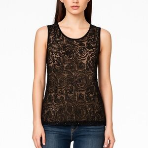 Max Studio Black Sequin Floral Lace Tank Top Sheer Mesh Overlay Evening Small